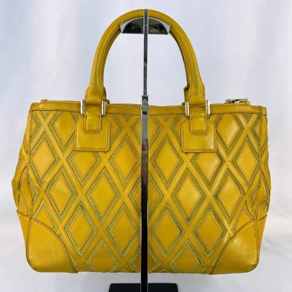 Tory Burch Mustard Gold Argyle Leather Tote Handbag $698 - Picture 5 of 16